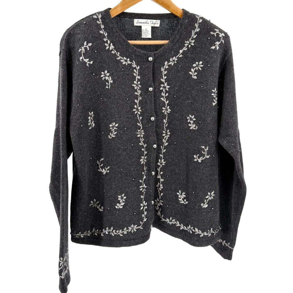 Vintage 90s Samantha Taylor Gray Floral Beaded Embroidered Cardigan